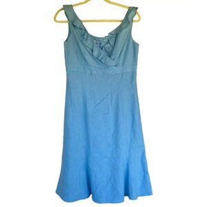 NWT London Times Linen Dress Women Size 8 Blue Baby Doll Ruffled